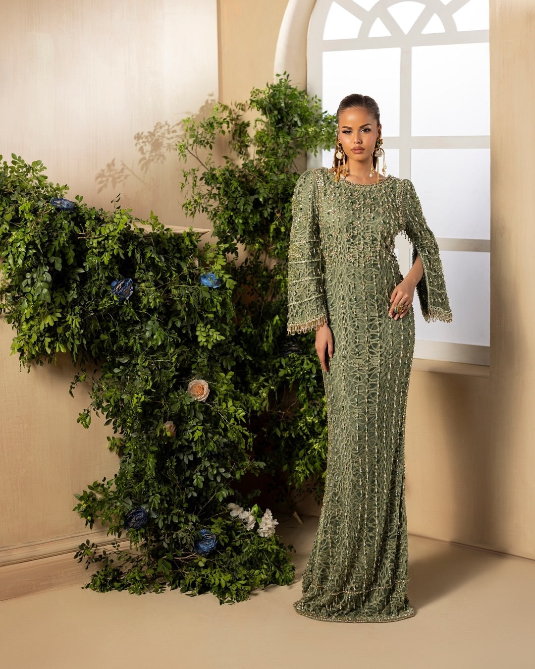 olive body gown for bridals