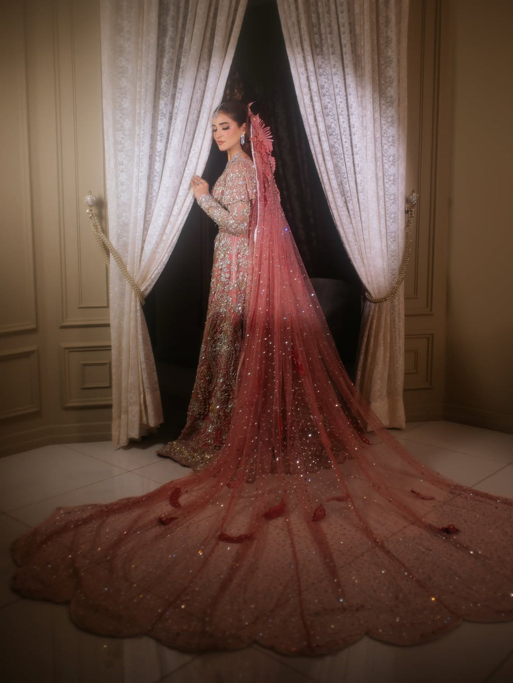 peachy pink bridal wear