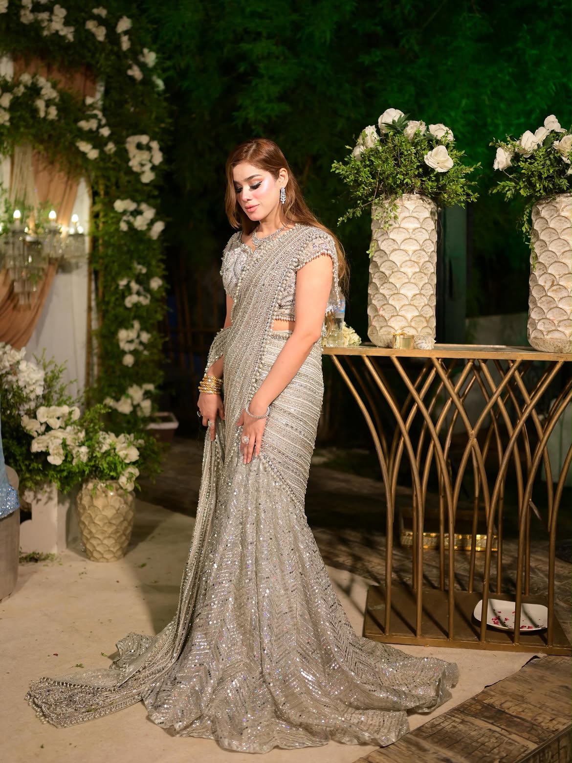 silver sequence bridal saree
