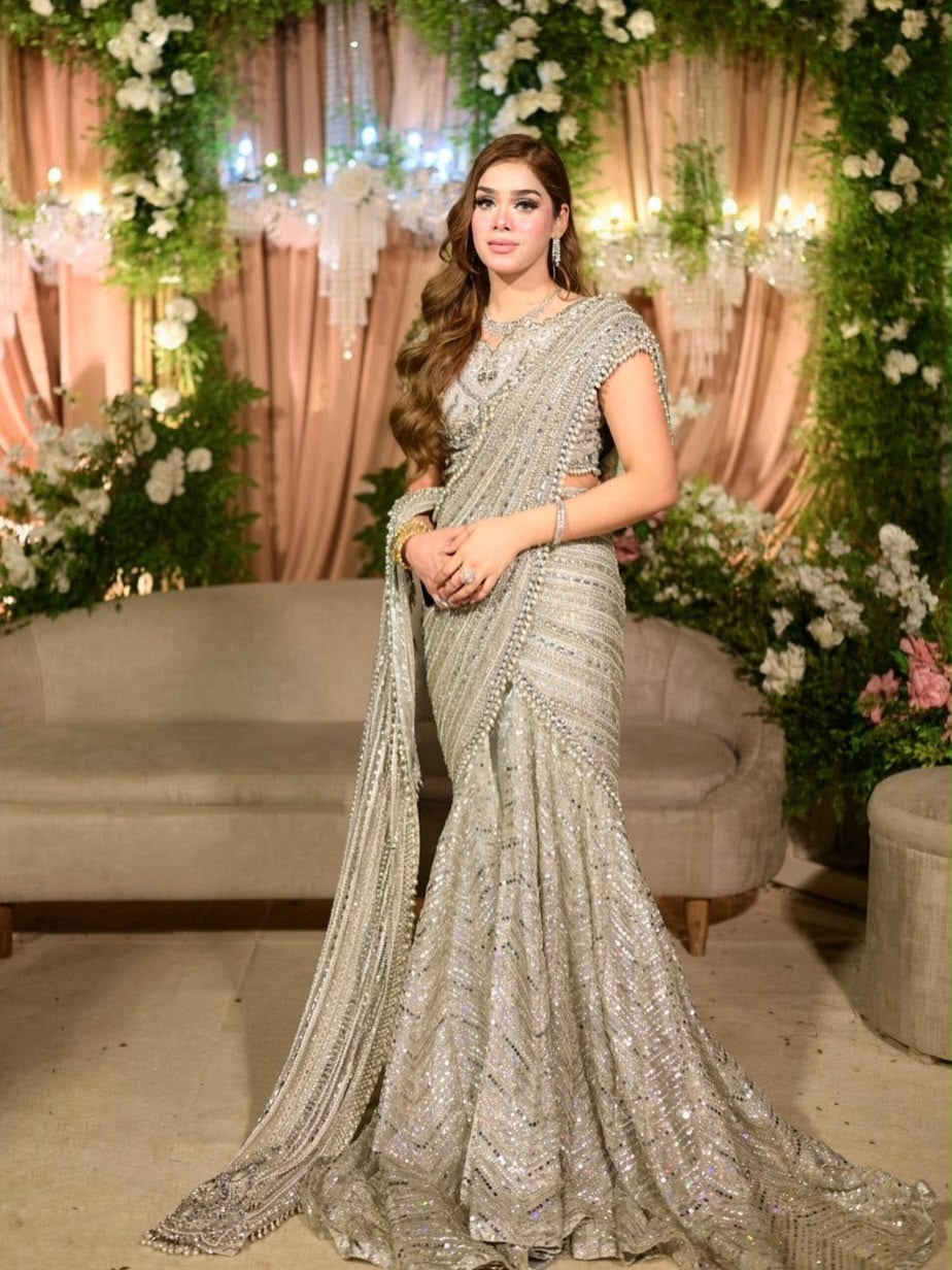 silver sequence bridal saree