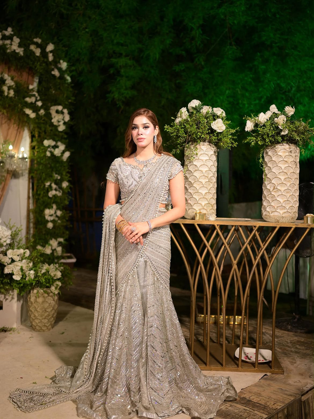 silver sequence bridal saree