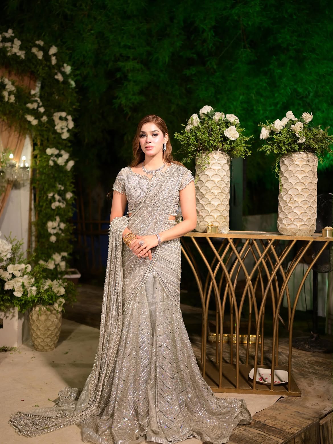 silver sequence bridal saree