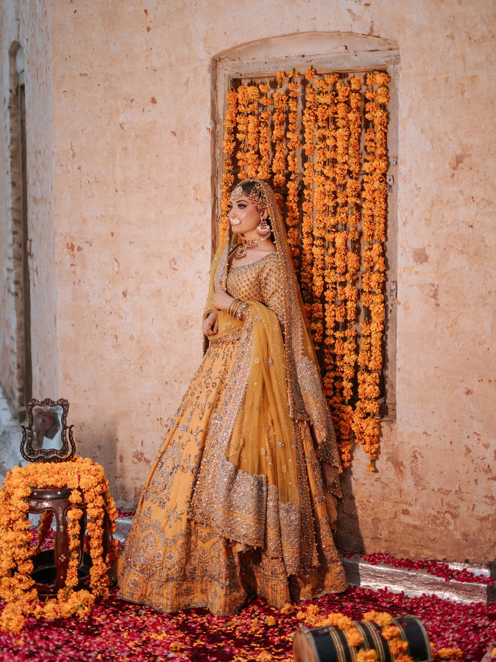 Yellow-gold bridal lehenga