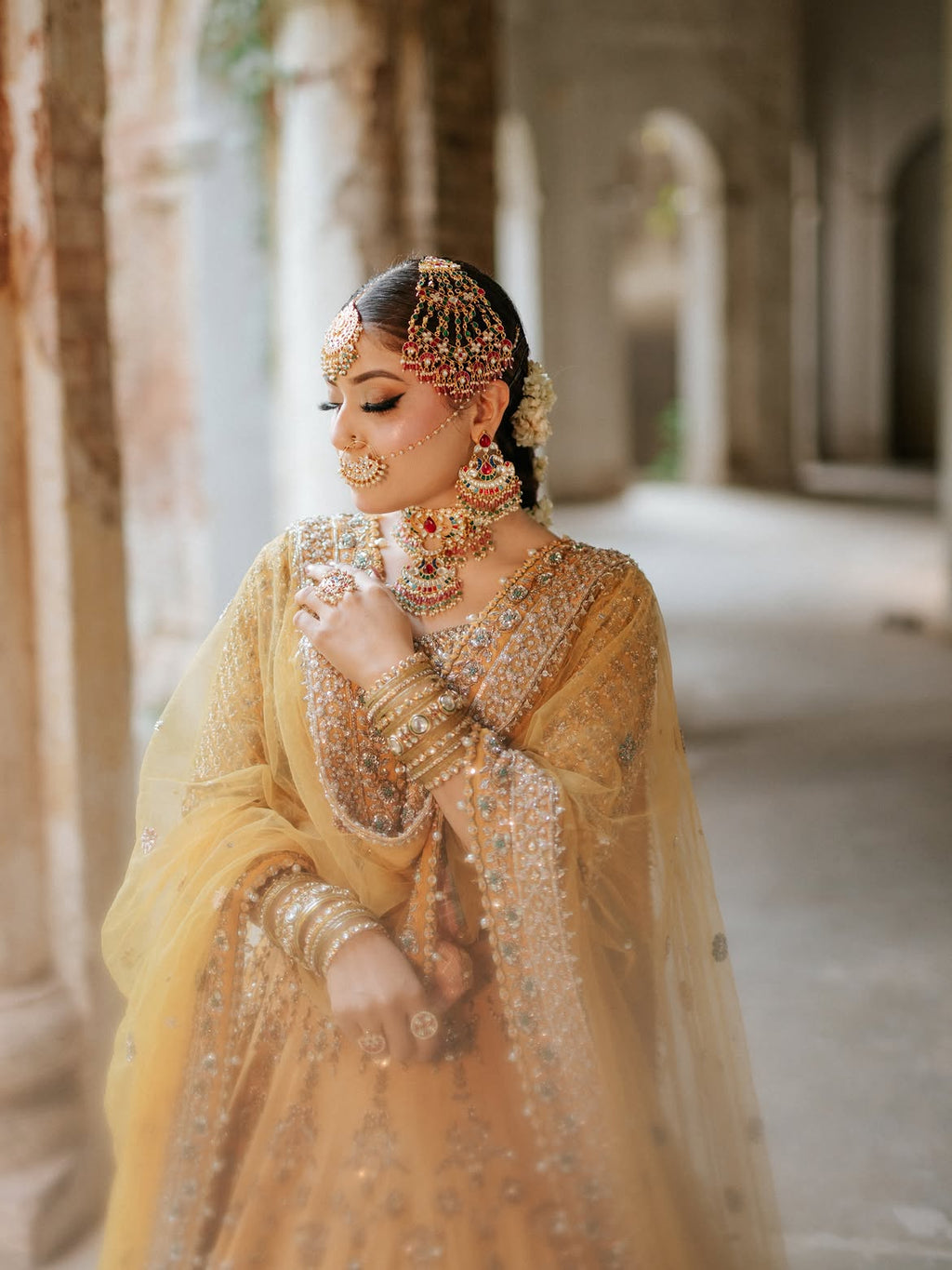 Yellow-gold bridal lehenga