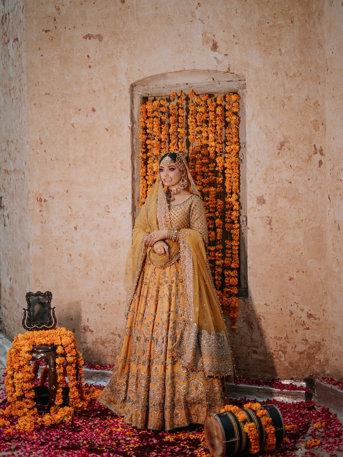 Yellow-gold bridal lehenga