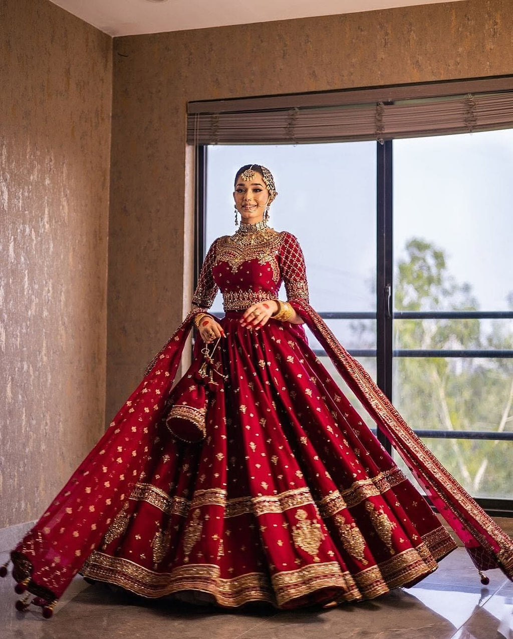Ruby red bridal lehenga