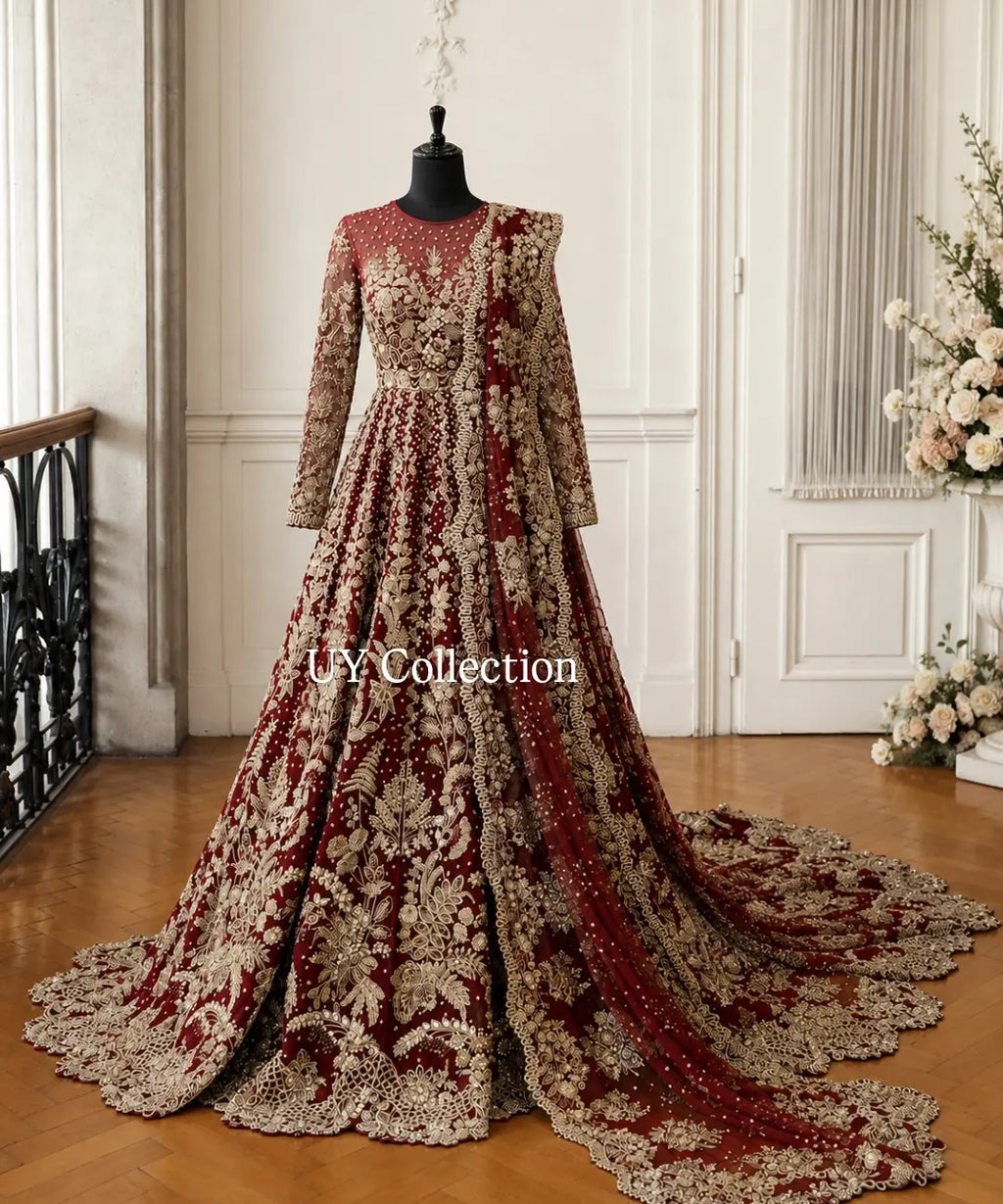Heavily embellished bridal red maxi