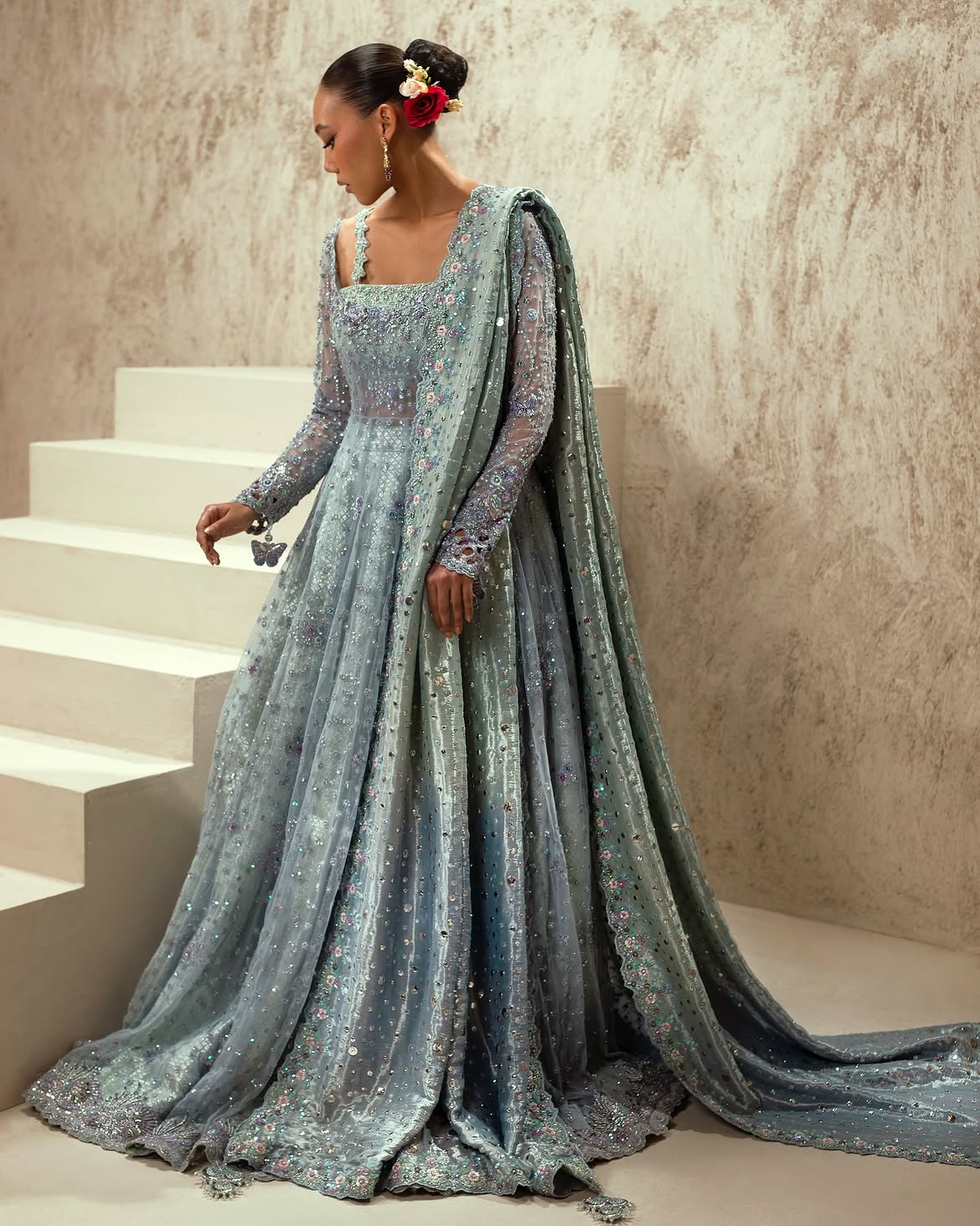 Ice-blue bridal lehenga