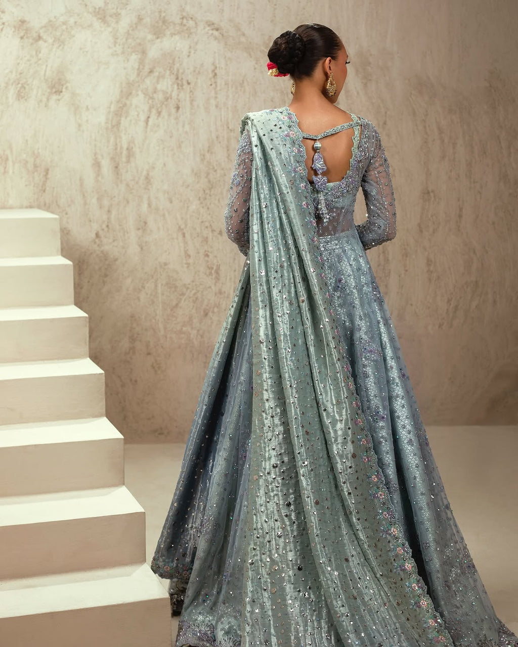 Ice-blue bridal lehenga