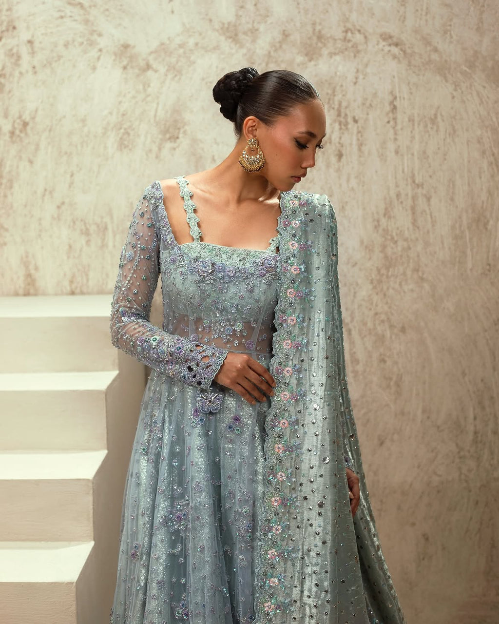 Ice-blue bridal lehenga