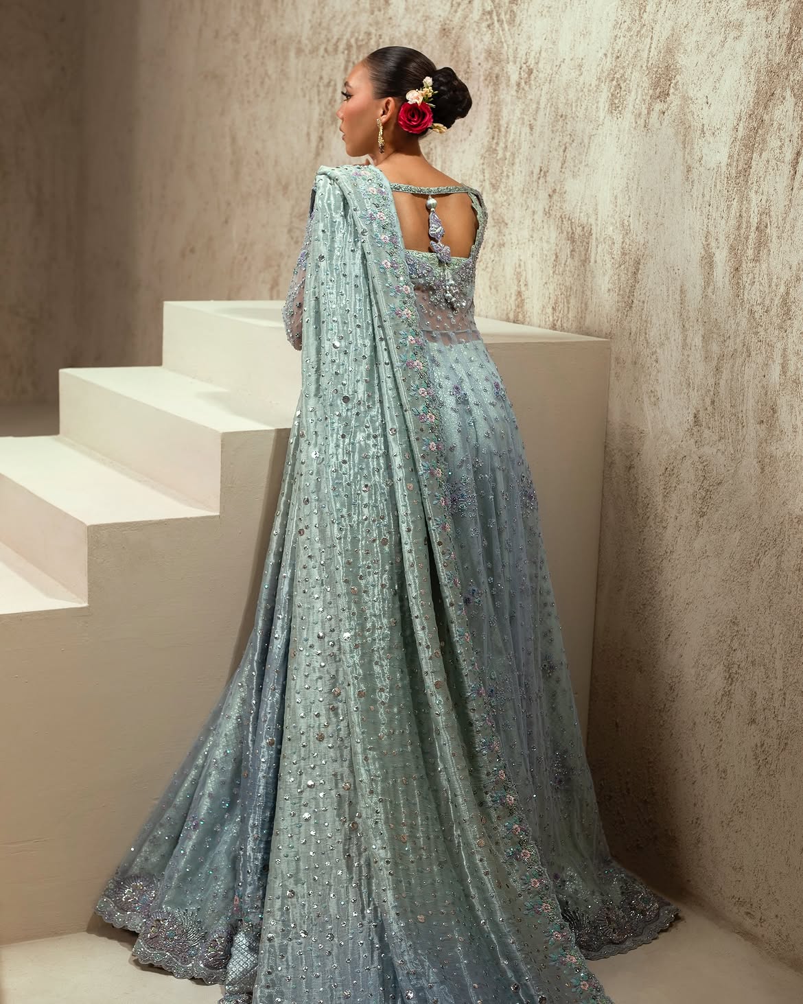 Ice-blue bridal lehenga