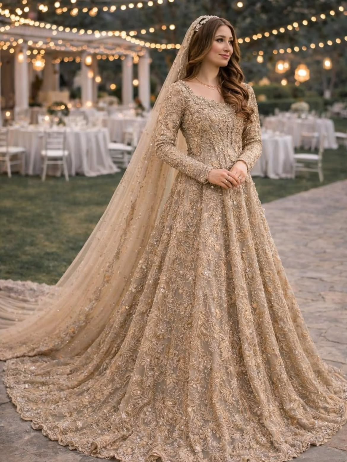 Soft mettalic beige bridal wear