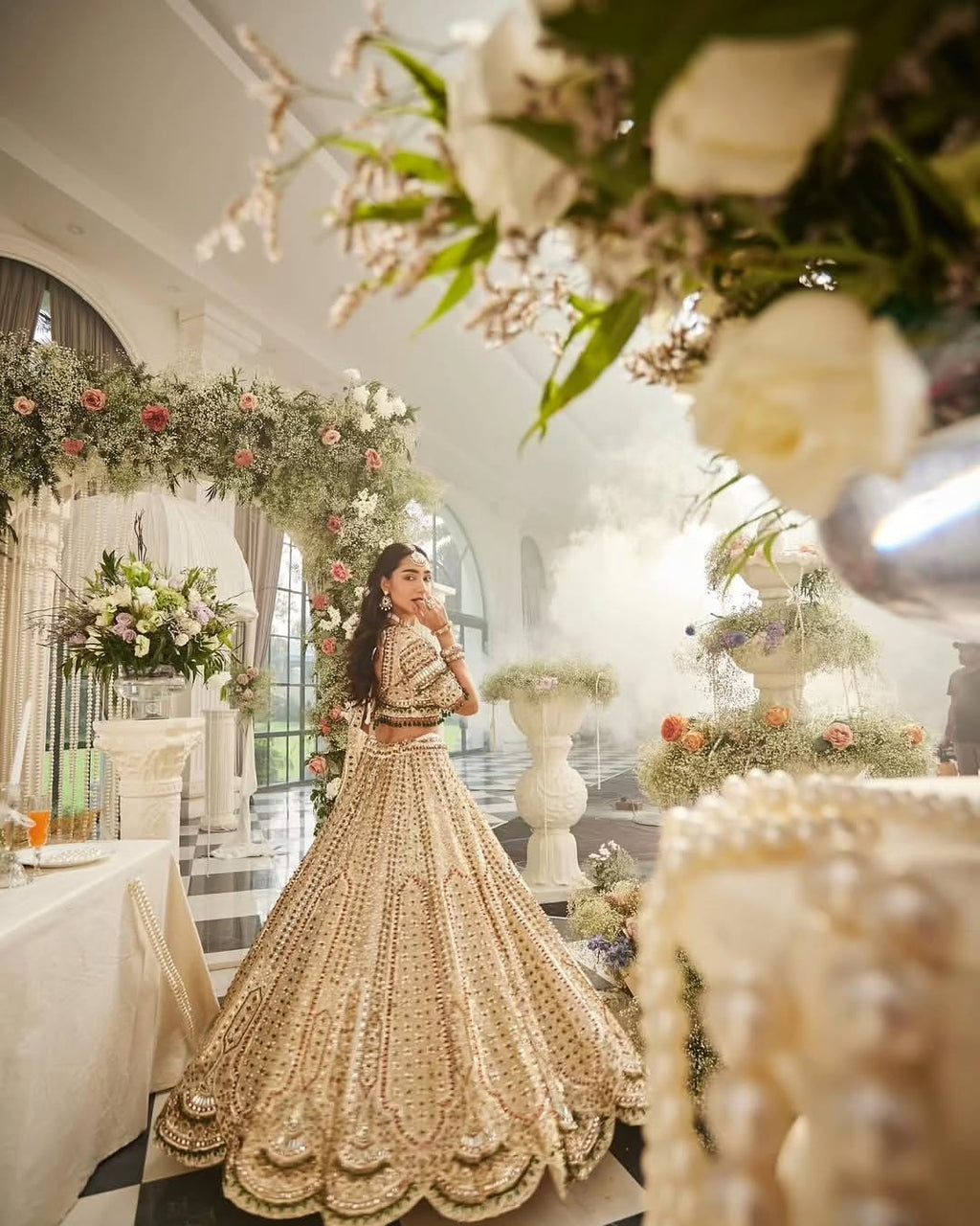 WHITE BEADED BRIDAL LEHENGA