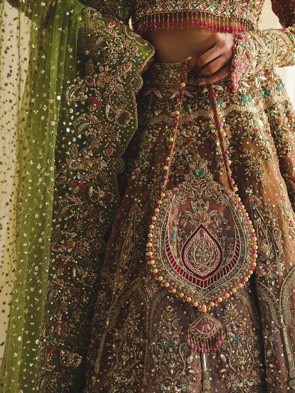 Rust olive bridal lehenga