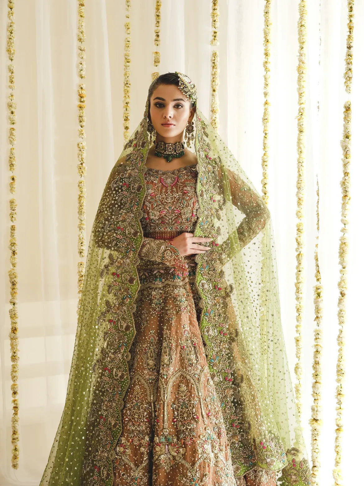 Rust olive bridal lehenga