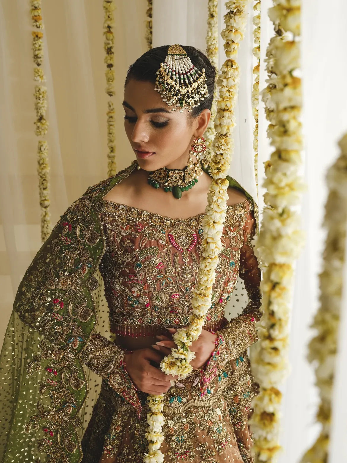 Rust olive bridal lehenga