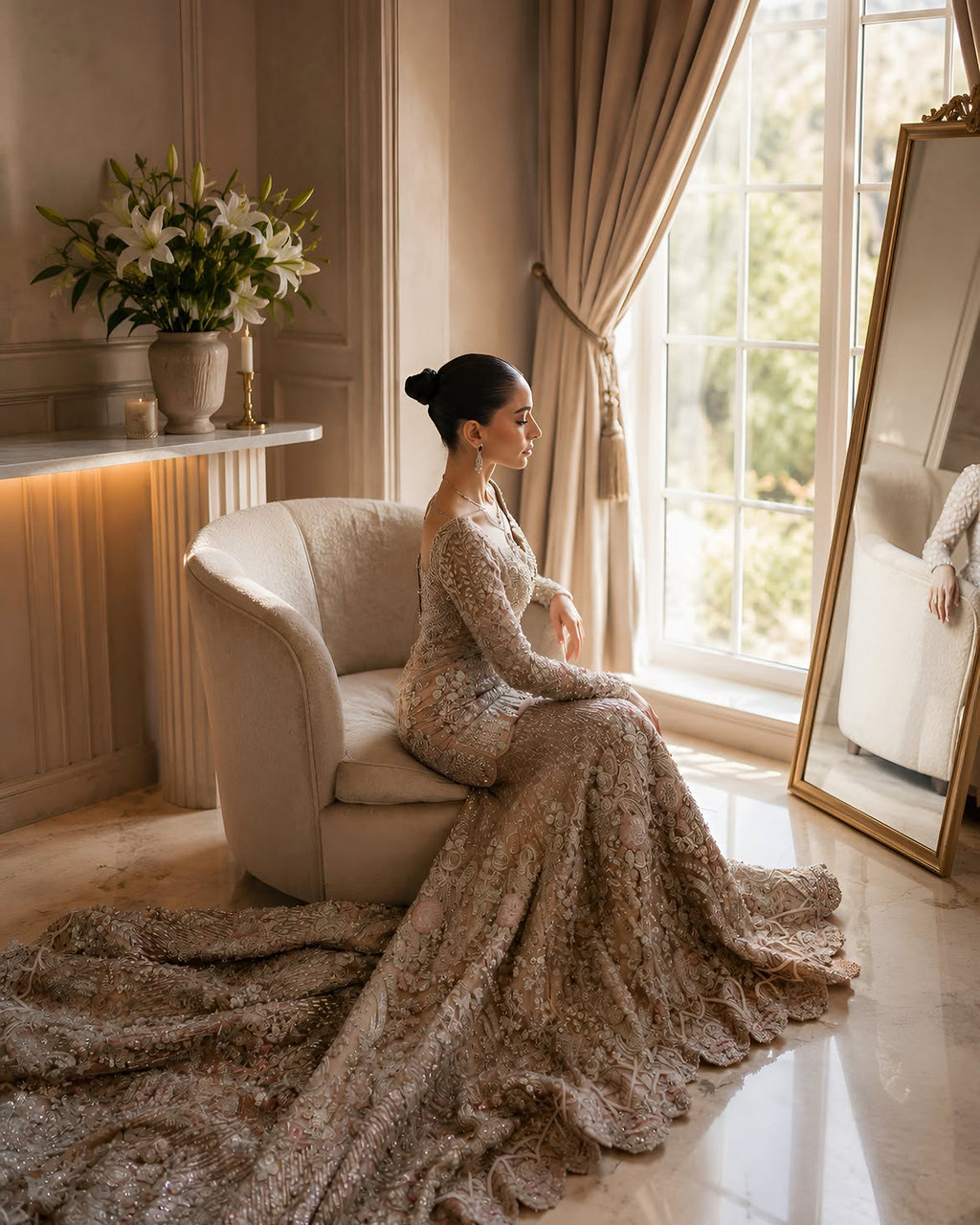 BEIGE MERMAID BRIDAL LEHENGA