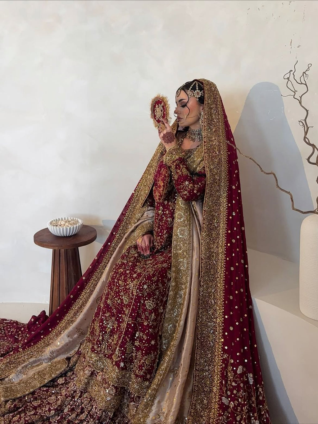 antique dull-gold bridal lehenga