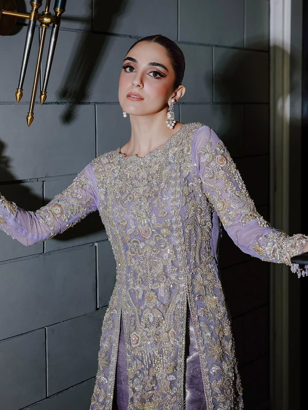 Lavender flared pants and open-cut gown