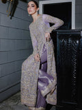Lavender flared pants and open-cut gown
