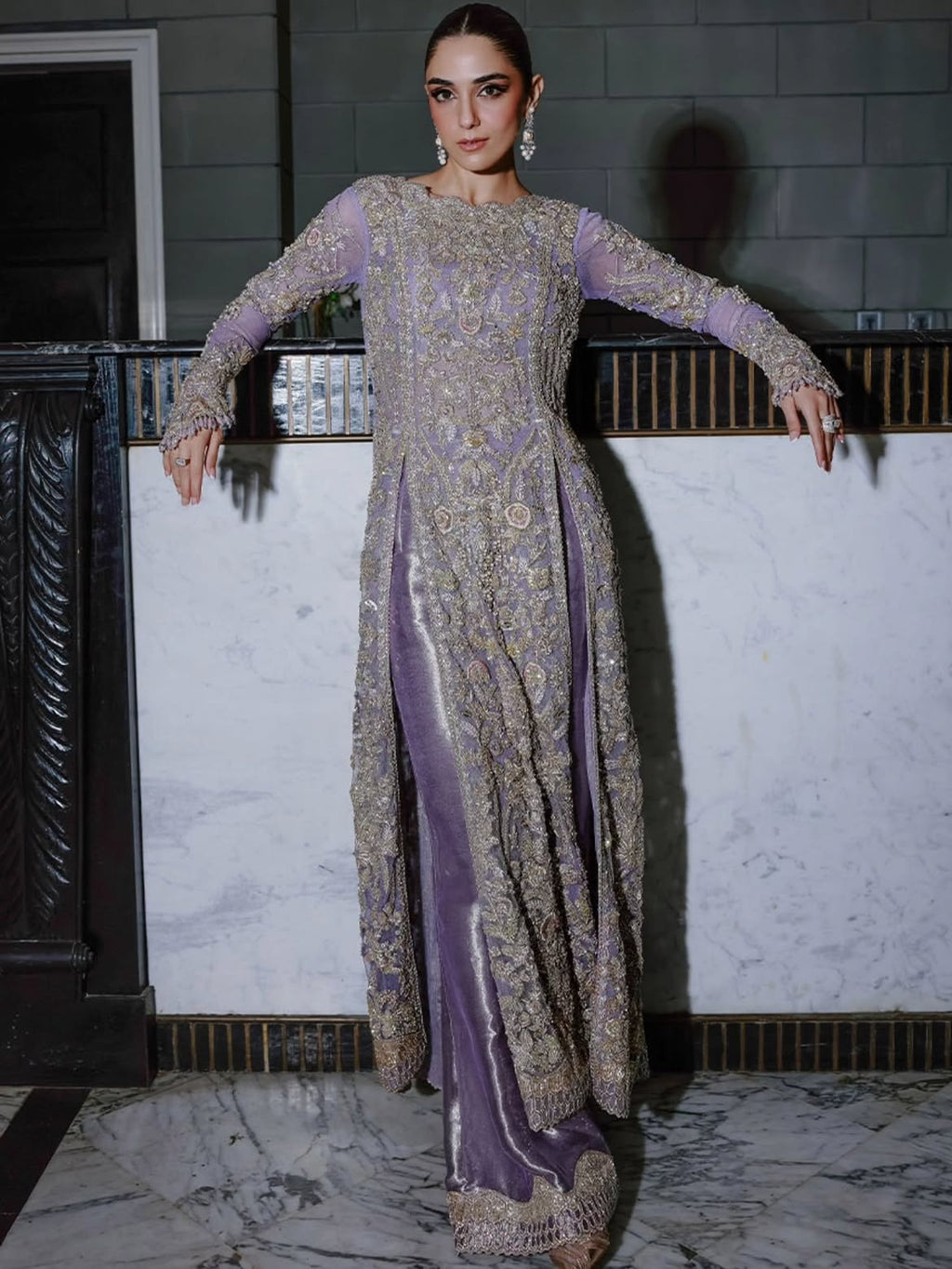 Lavender flared pants and open-cut gown