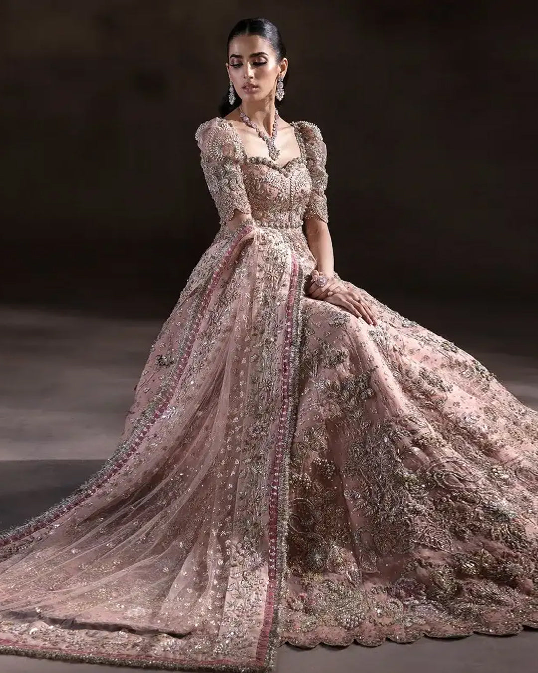 Peachy pink bridal pishwas