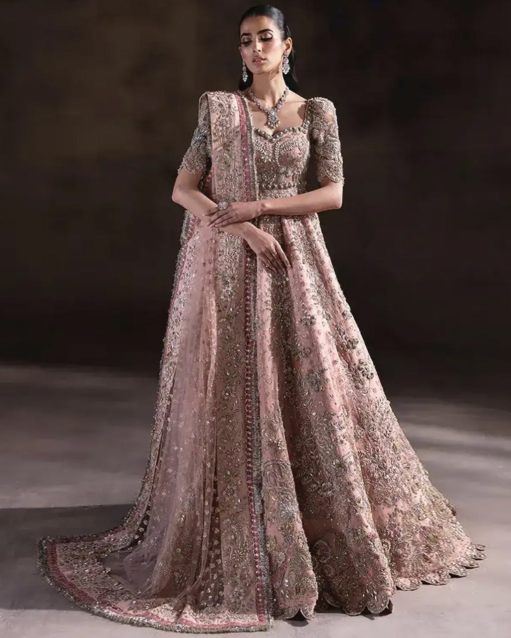 Peachy pink bridal pishwas