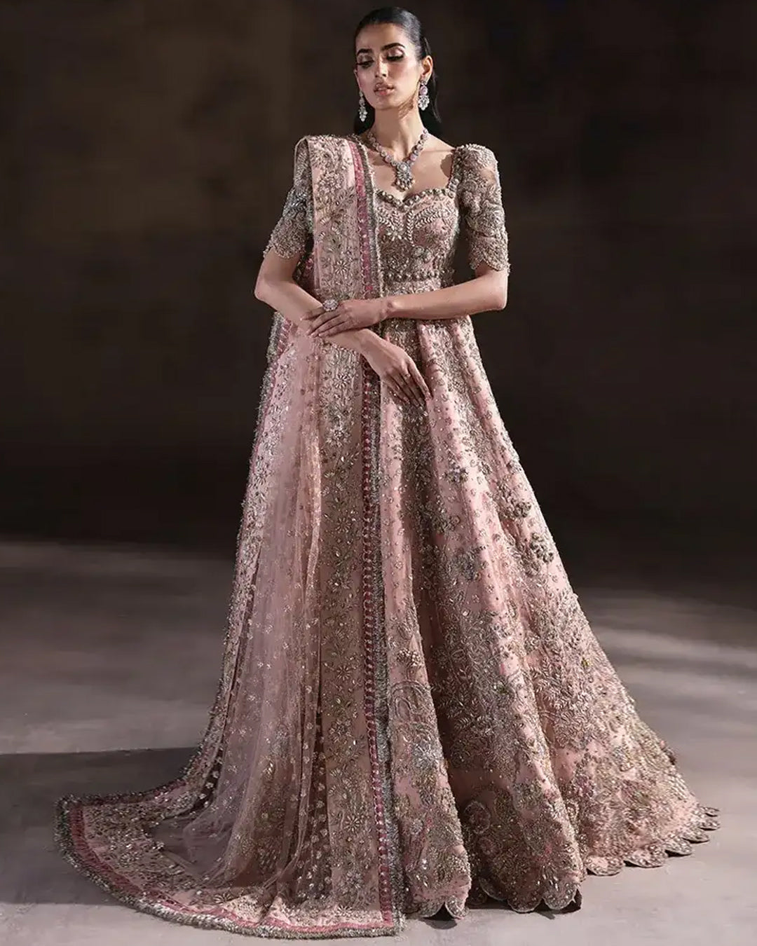 Peachy pink bridal pishwas