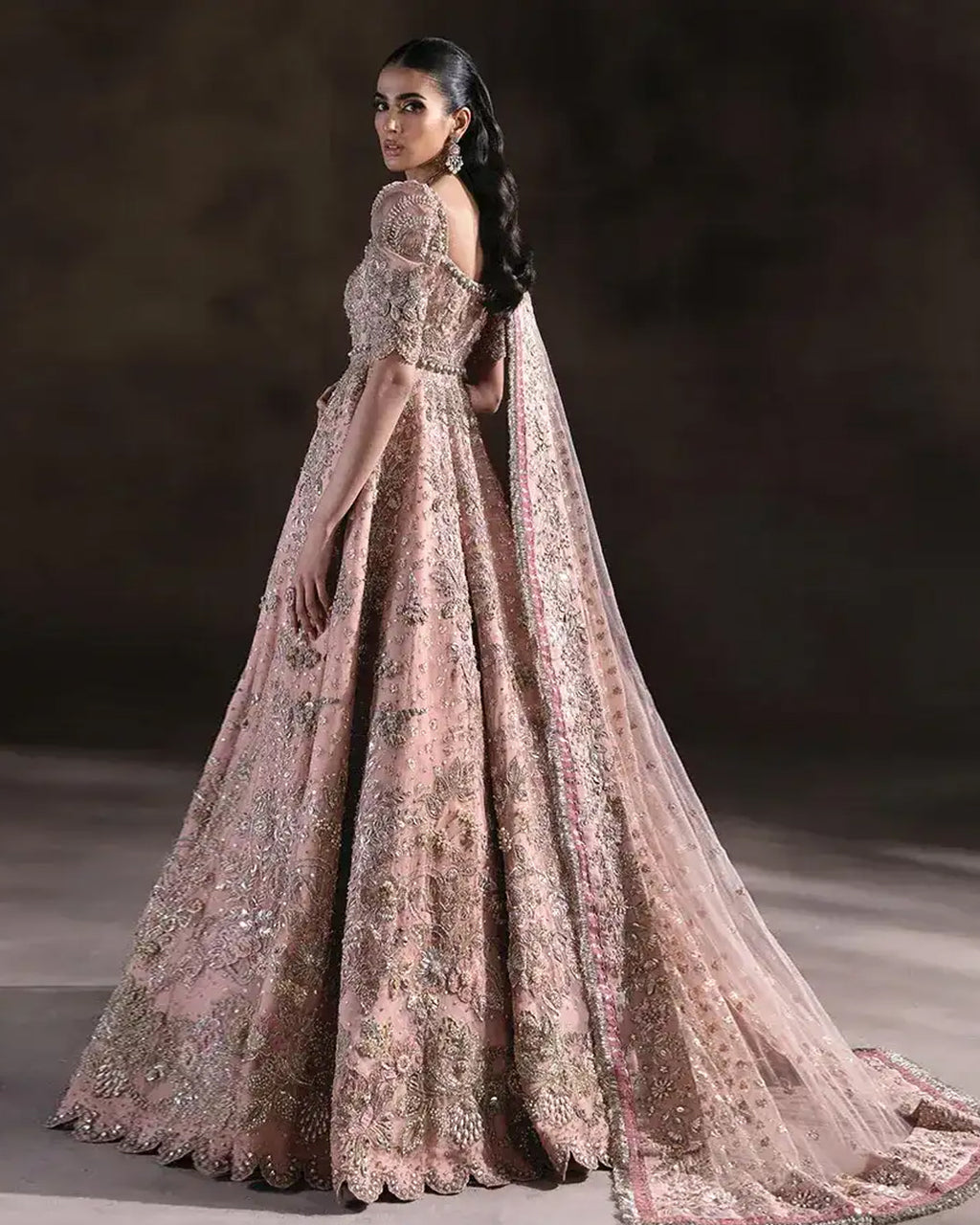 Peachy pink bridal pishwas
