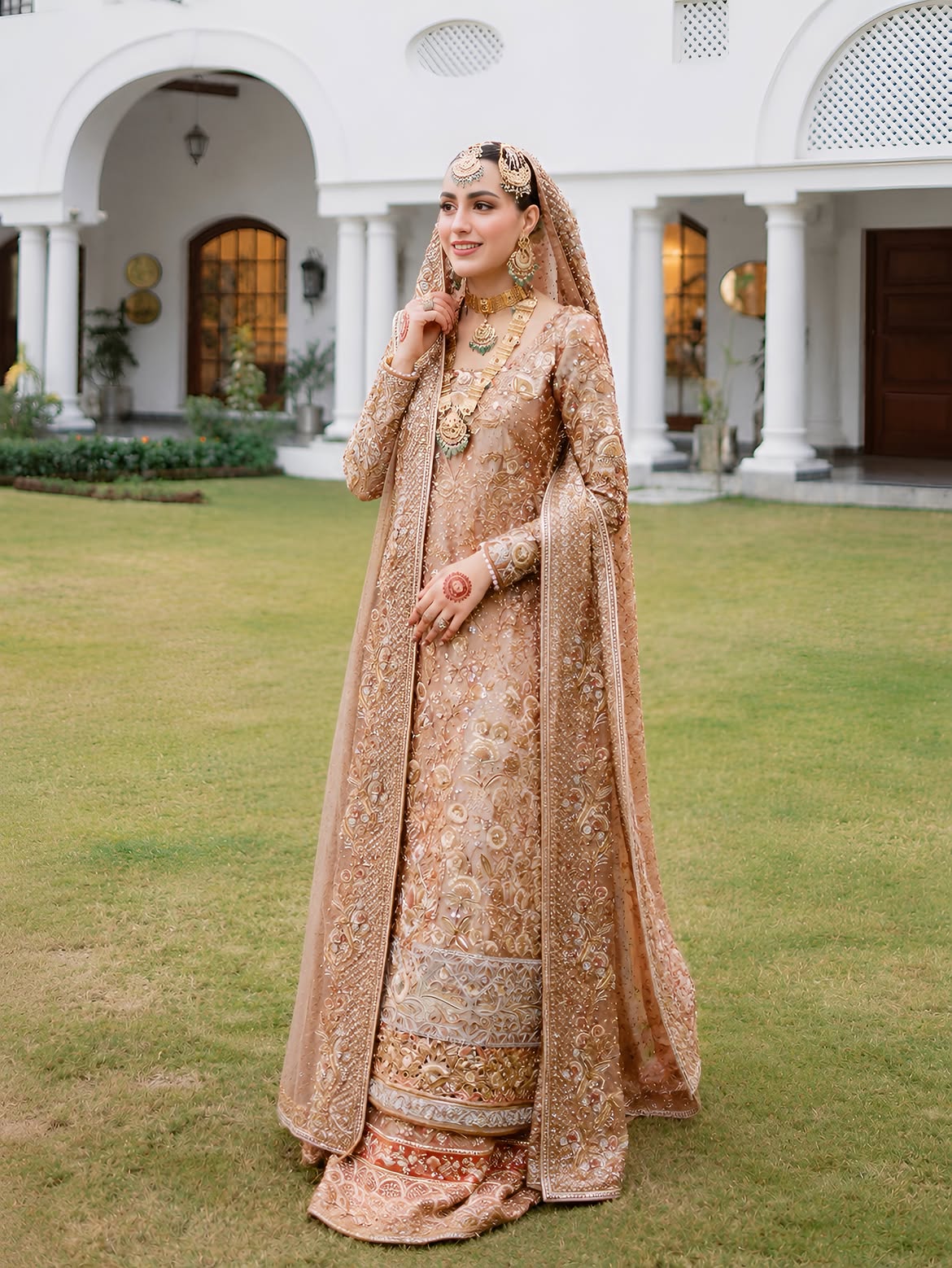 CHAMPAIGN PEACH FARSHI BRIDAL LEHENGA