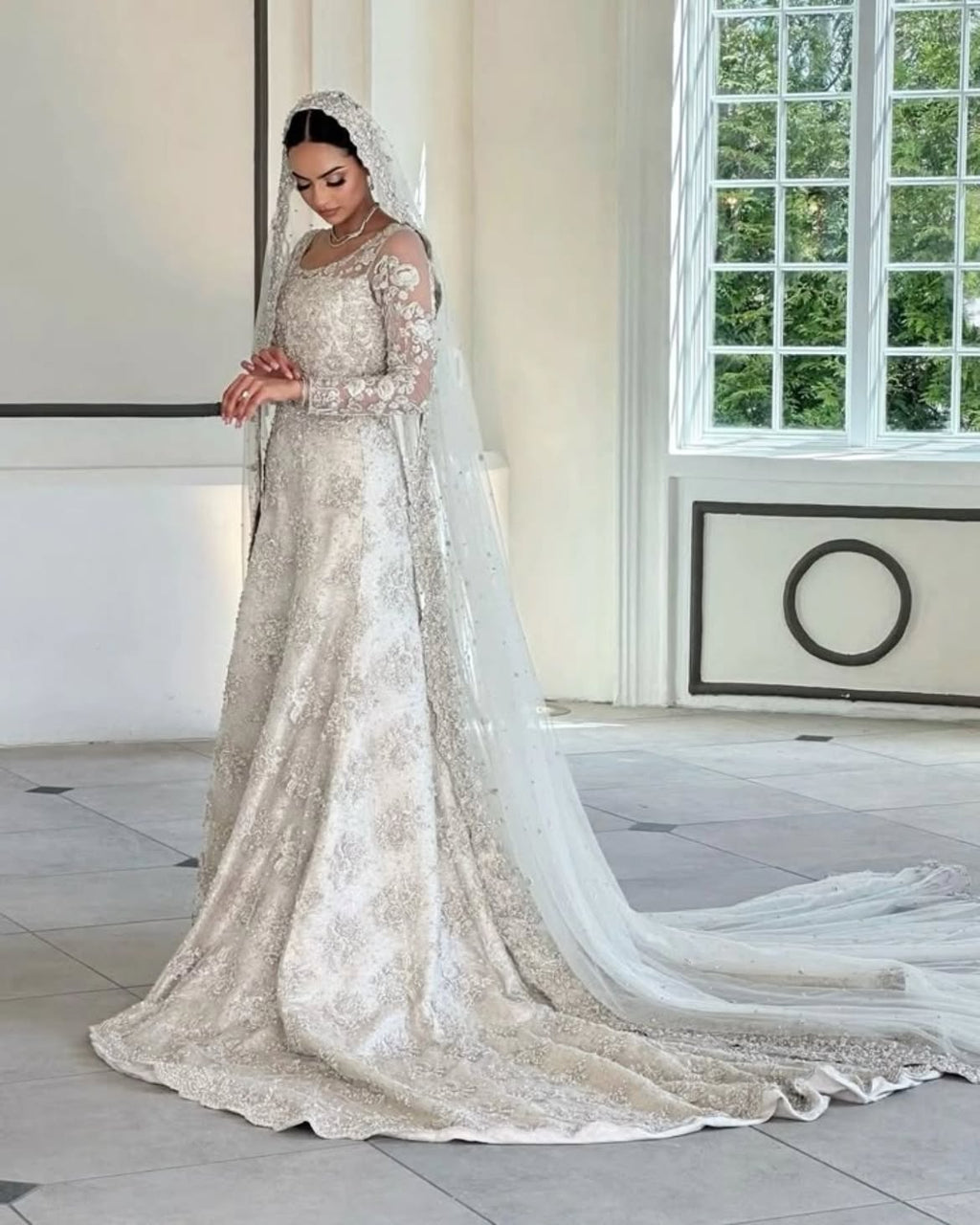 flared silver-white bridal wear